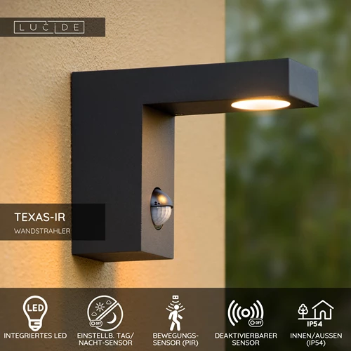Lucide TEXAS-IR - Wandstrahler / Wandleuchte Innen/Außen - LED - 1x7W 3000K - IP54 - Bewegung und Tag/Nacht-Sensor (Abschaltbar) - Anthrazit - USP